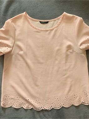 SHEIN Light Pink Scalloped Laser-Cut Short Sleeve Blouse